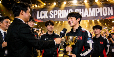 T1电子竞技战队在LCK春季赛夺冠后接受采访，Faker选手手捧奖杯露出灿烂笑容